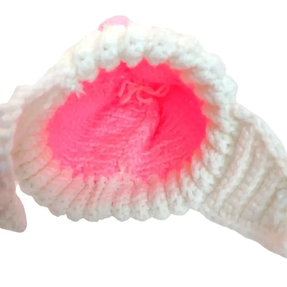 Handmade Pink and white Baby Winter Hat Pom Pom Crochet Ear flaps with ties